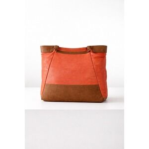 Be&D Orange Textured Leather Tote Bag Brown Trim